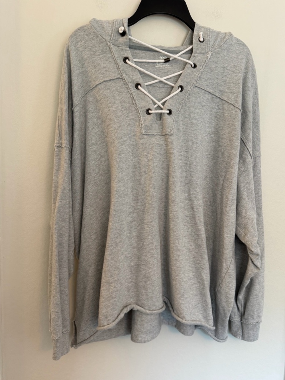 Aerie Lace Up Hoodie Sweatshirt Gray Oversized Pullover Medium - Picture 2 of 6